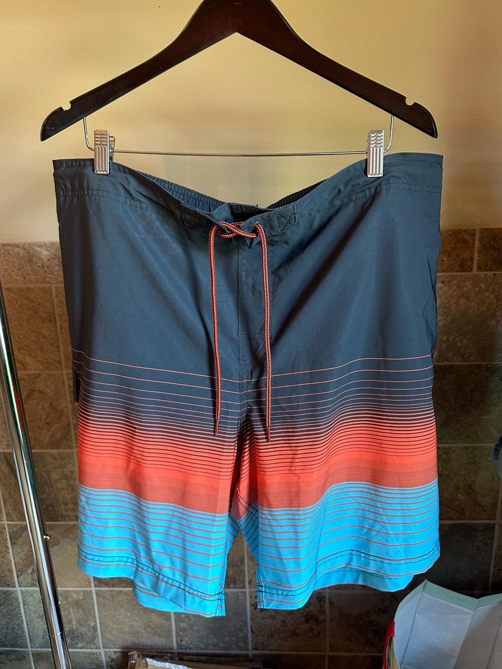 George Men's Navy Swim Board Shorts with Coral & Aqua Stripes